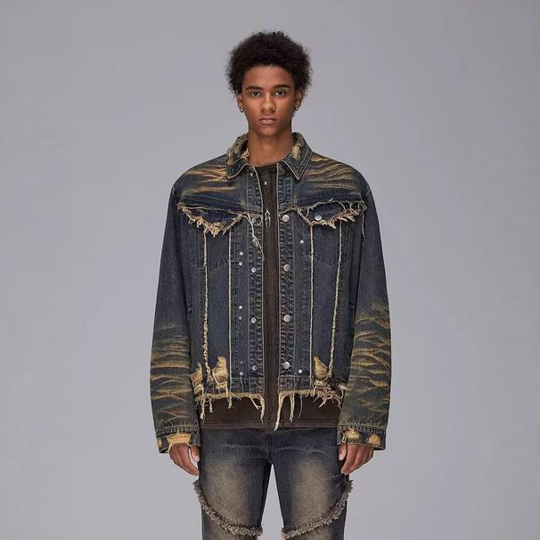 Vintage Washed Denim Jacket For Men - Retro Distressed High Street Fashion Oversized Biker Coat With Tie-Dye Design_mkmklike.com