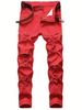 Men's Slim Fit Pants Trendy Street Ripped Red Pants Washed With Youthful Vitality Zipper Pencil Pants_mkmklike.com