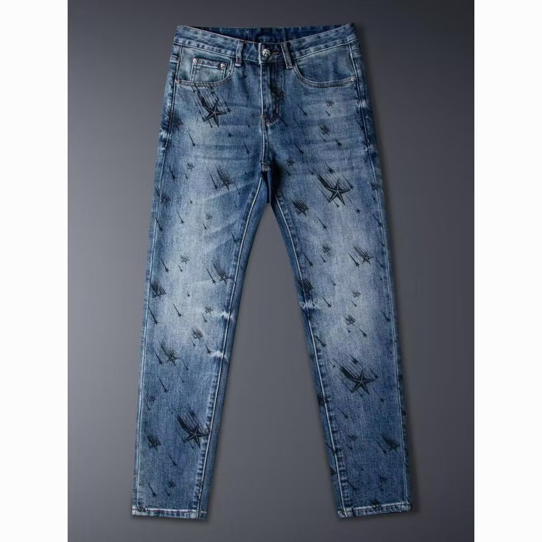 Men's Slim Fit Stretch Denim Jeans With Print Design, Tapered Leg, Comfortable Blue Jeans For Casual Wear_mkmklike.com