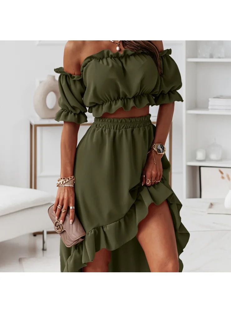 Women's Clothing new one-shoulder ruffle skirt suit casual irregular short-sleeved two-piece suit_mkmklike.com