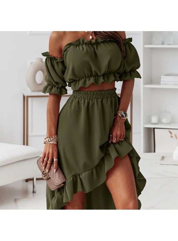 Women's Clothing new one-shoulder ruffle skirt suit casual irregular short-sleeved two-piece suit_mkmklike.com