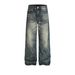 Unisex American Style Washed Retro Cleanfit Jeans Loose Straight Leg High Street Distressed Casual Pants Blue mid Waist Zipper Fly_mkmklike.com