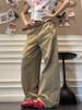Plus Size American Style Khaki Cargo Jeans For Women High Street Design Loose Wide Leg Draped Straight Long Pants_mkmklike.com