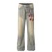 Washed Vintage Mud Yellow Jeans American High Street Style Personalized Embroidery Chain Casual Straight Long Pants For_mkmklike.com