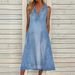 ELLE European And American Summer New Solid Color Sleeveless V-Neck Casual Denim Dress_mkmklike.com