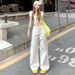 American-style Unique Open-pocket Design White Wide-leg Jeans For Women, High-waisted, Loose-fitting, Drapey_mkmklike.com