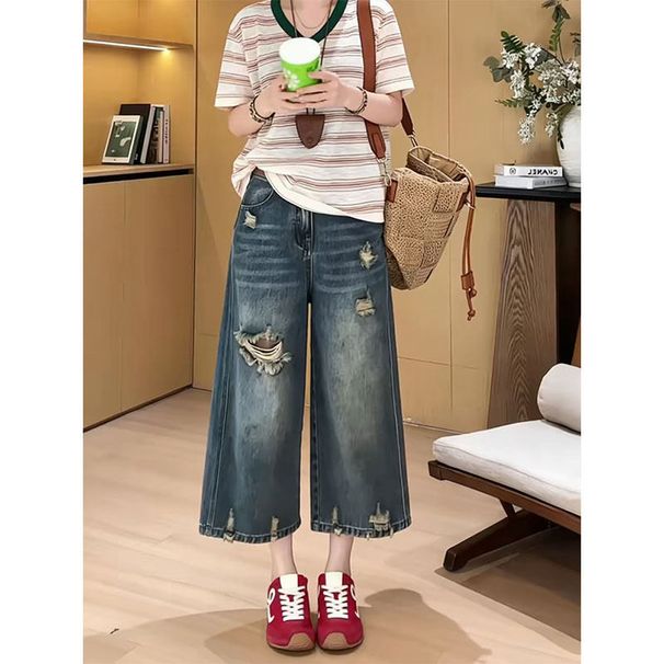 Retro Ripped Cropped Jeans for Women High Waist Slimming Straight Leg Wide Leg Pants Loose Fit Petite plus Size Summer New_mkmklike.com