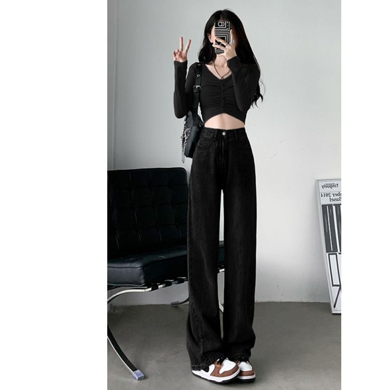 Retro High-Waisted Blue Loose Straight Leg Jeans Women's Slimming Flowy Floor-Length Pants for Spring Summer_mkmklike.com