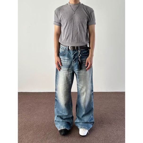 Vintage Washed Relaxed Straight Fit Blue Jeans For Men - Hip Hop Streetwear Casual Denim Pants (S-3XL)_mkmklike.com