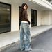 Women's Vintage Distressed Washed Deconstructed Jeans mid Rise Ribbed Waist Visible Stitching Pleats Wide Leg Silhouette_mkmklike.com