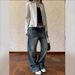 Men’s Vintage Blue Washed Stacked Jeans – Oversized Baggy Fit, Streetwear Drop-Crotch Pants_mkmklike.com