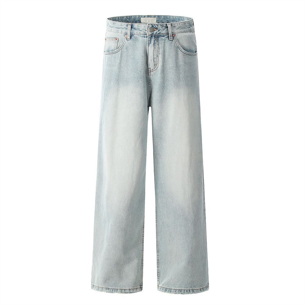 Light Washed Jeans Men's Casual Straight Long Street Fashion Punk Distressed Frayed Versatile Wide-Leg Dad Pants_mkmklike.com