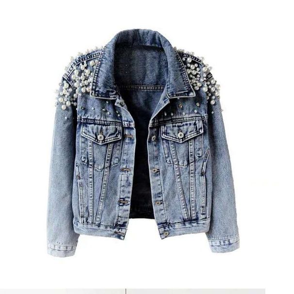 New Heavy-duty Beaded Denim Jacket For Women, Short, Long-sleeved, Fashionable, Foreign Trade, Big Pearl Denim Coat_mkmklike.com