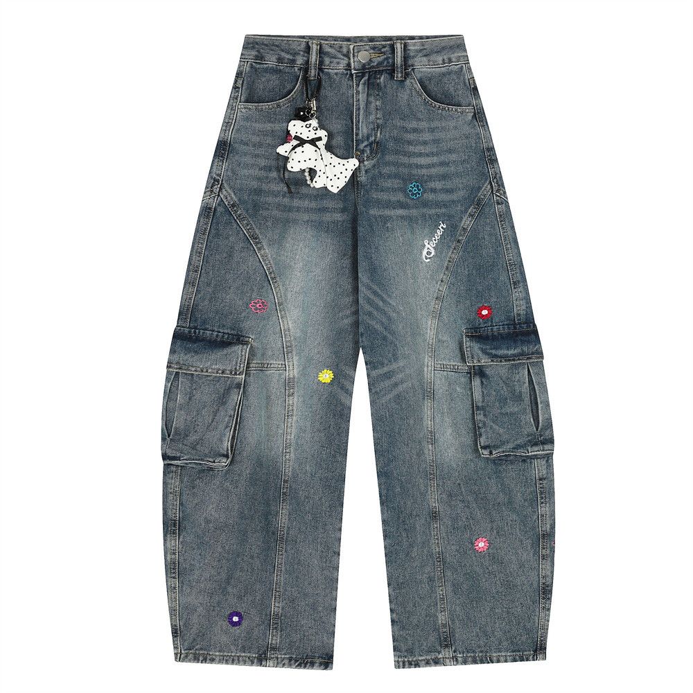 Punk Washed Oversized Scimitar Jeans For Men Trendy Niche Deconstructed Design Multi-Pocket Cargo Pants_mkmklike.com