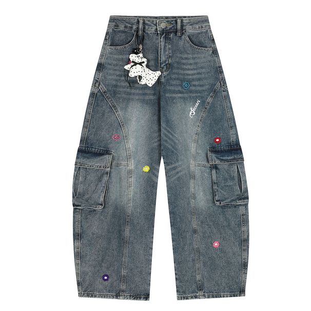 Punk Washed Oversized Scimitar Jeans For Men Trendy Niche Deconstructed Design Multi-Pocket Cargo Pants_mkmklike.com