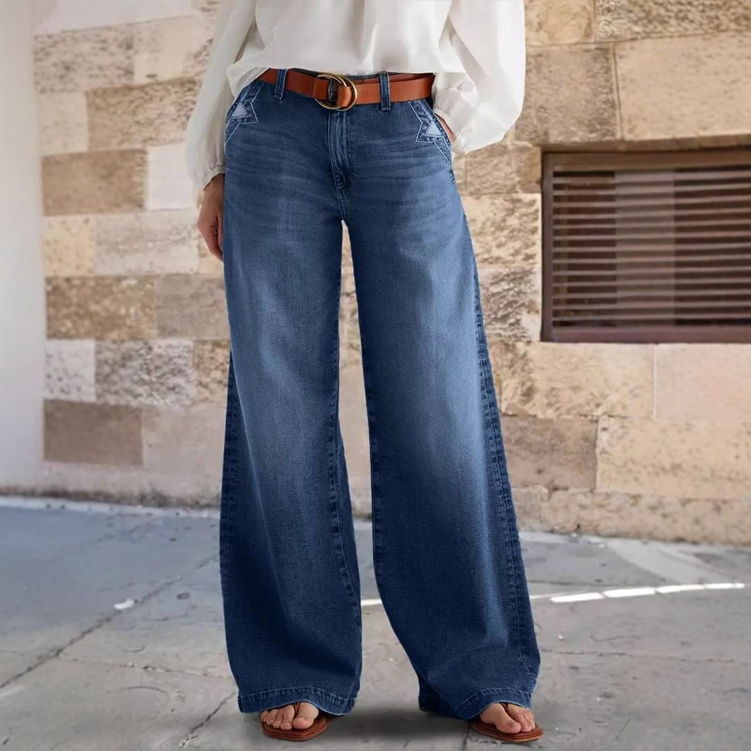 Vintage-Inspired High-Waisted Flared Jeans For Women – Embroidered Denim, Stretchy & Comfortable (Blue, S-XXL)_mkmklike.com