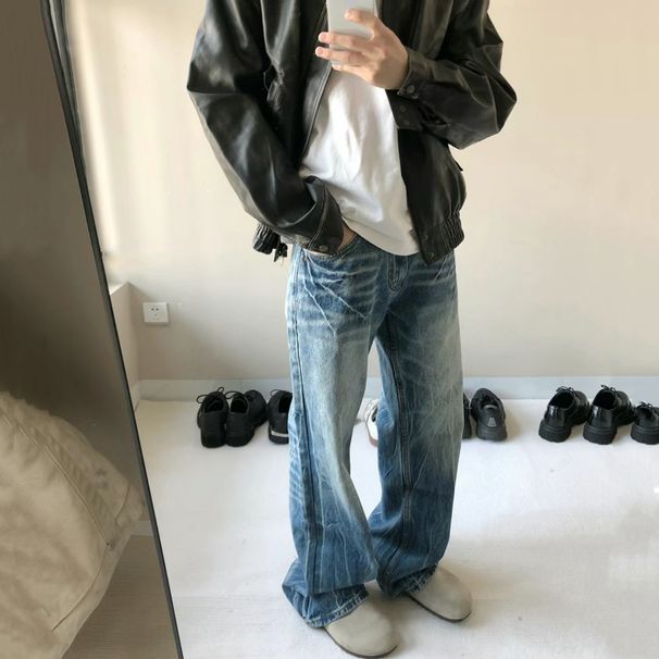 Men's Vintage Washed Denim Jeans Streetwear Lightning Bolt Design Relaxed Fit Clean Aesthetic Blue S-XL_mkmklike.com