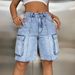 Women's Clothing High Waist Large Pockets Slim Loose Workwear Denim Shorts_mkmklike.com