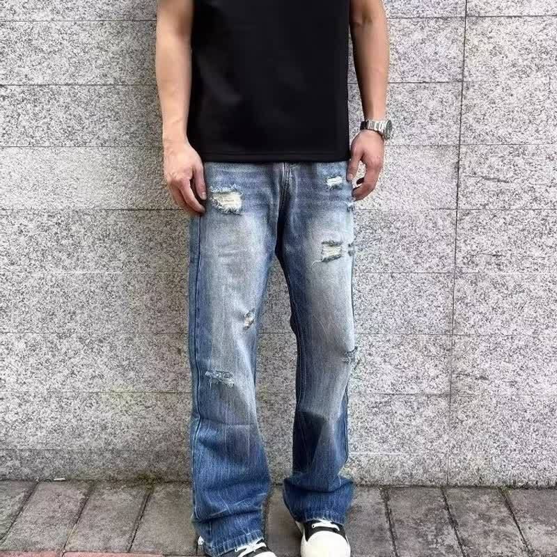 Unisex Blue Lightning Wash Jeans – 90s Streetwear Baggy Denim, Relaxed Straight-Leg, Distressed & Ripped, Vintage High-Waisted (S-3XL, )_mkmklike.com