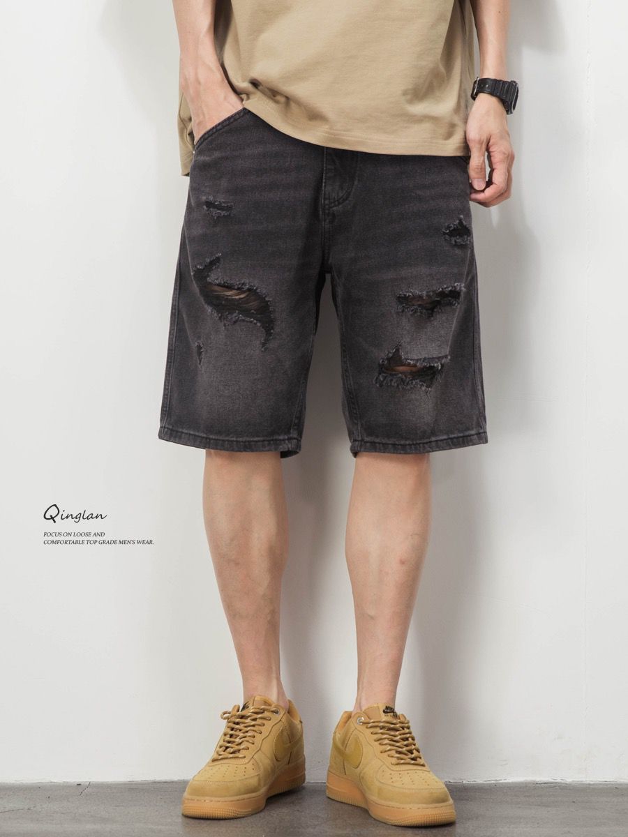 Men's Black Ripped Denim Shorts Summer Trendy High Street Casual Loose Fit Plus Size Thin American Style_mkmklike.com