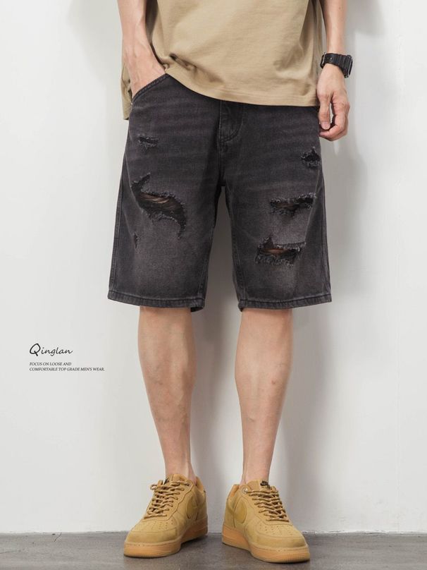 Men's Black Ripped Denim Shorts Summer Trendy High Street Casual Loose Fit Plus Size Thin American Style_mkmklike.com