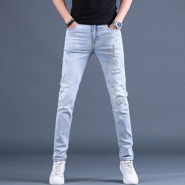 Men's Clothing Spring And Summer New High End Printed Jeans For Men With Hot Diamonds Slim Fitting Skinny Pants_mkmklike.com