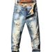 Men's Straight Leg Vintage Denim Jeans - Navy Blue Washed Cotton Pants With Distressed Details For Casual Streetwear_mkmklike.com