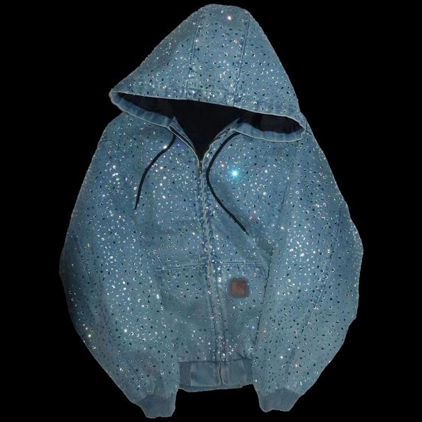 Cross-Border Foreign Trade European And American Fashion Shiny Rhinestone Broken Reflection Crystal Denim Jacket Hoodie_mkmklike.com
