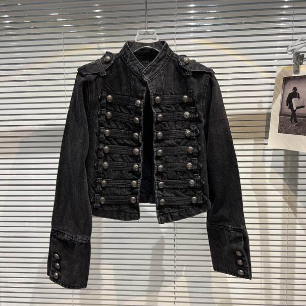 Summer New Women's Classic Metal Ribbed Buckle Design Shoulder Strap Washed Denim Top Short Jacket Court Style_mkmklike.com