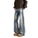Men's Washed Denim Jeans High Street Vibe Retro Distressed Dirtyfit Slightly Flared Wide Leg Pants Mid Waist Black Gray_mkmklike.com