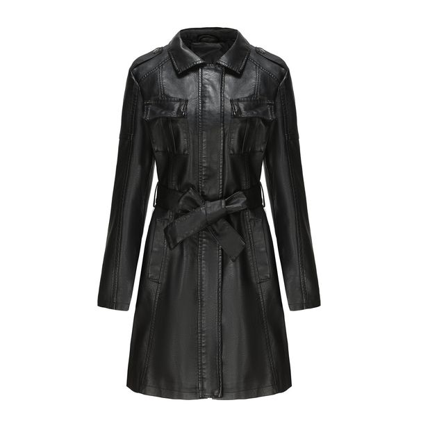 mid-length leather jacket with belt long-sleeved leather windbreaker fashionable British jacket for women 6652_mkmklike.com