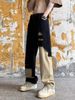 Black And White Patchwork Ripped Jeans Slim Fit High Straight Leg Trendy Brand Street Floor Pants_mkmklike.com