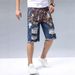 Men's Distressed Denim Shorts Casual Straight-Leg Mid-Length with Random Paint Print for Summer_mkmklike.com