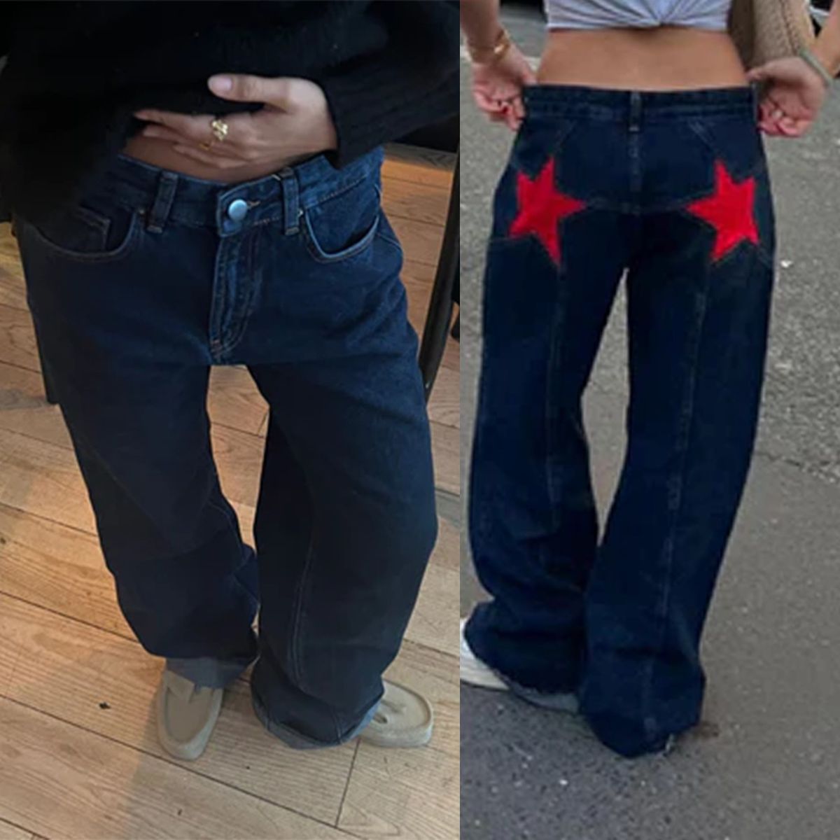 Men's Clothing Retro Y2k Hot Girl Back Five Pointed Star Jeans Contrast Color Stitching Casual Pants_mkmklike.com