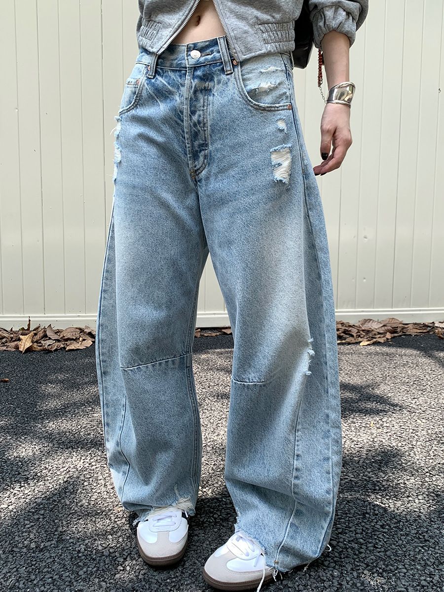 Women's Clothing Distressed Washed Wide-Leg Jeans For Women - Vintage Streetwear High Waist Loose Fit Denim Pants With Raw Hem Details_mkmklike.com