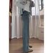 Retro Blue Straight Leg Jeans High Waisted Fleece Lined plus Size Slimming Loose Wide Leg Pants for Women Pear Shaped Figure Autumn Winter_mkmklike.com