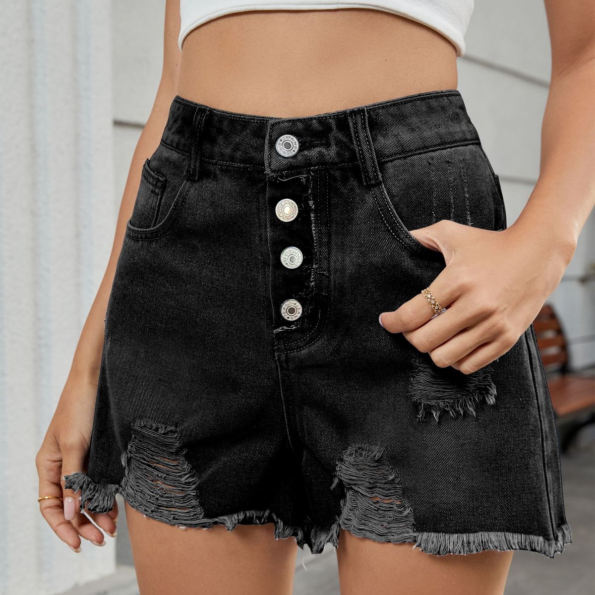 Women's Clothing Slim One Row Button Denim Ripped Shorts Hot Pants Women_mkmklike.com