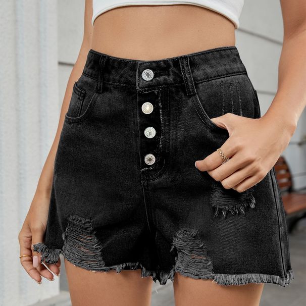 Women's Clothing Slim One Row Button Denim Ripped Shorts Hot Pants Women_mkmklike.com