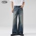 Vintage Blue Washed Gradient A-Line Denim Jeans For Men And Women, Baggy Loose Fit Straight Leg Trousers_mkmklike.com