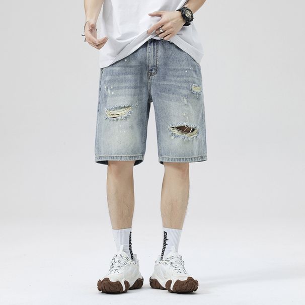 Men's Clothing Ripped Denim Shorts Thin Straight Loose Casual Mid Length Pants Trendy Beggar Five Point Pants_mkmklike.com