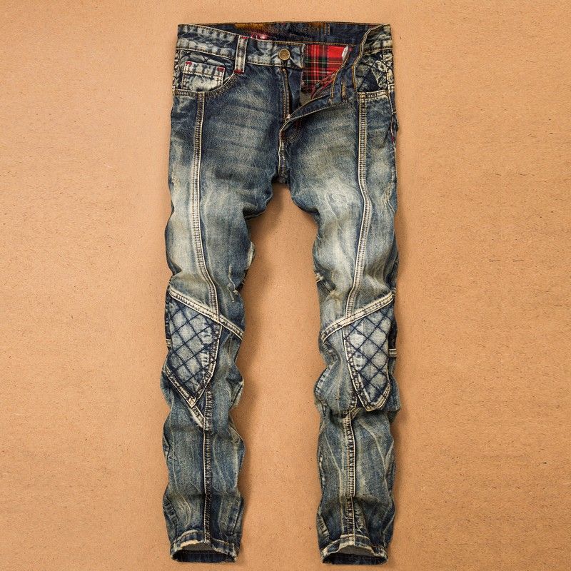 Men's Retro Slim Fit Straight Leg Stretch Jeans Trendy Long Pants Motorcycle Casual Fashion Polyester Standard Thickness_mkmklike.com