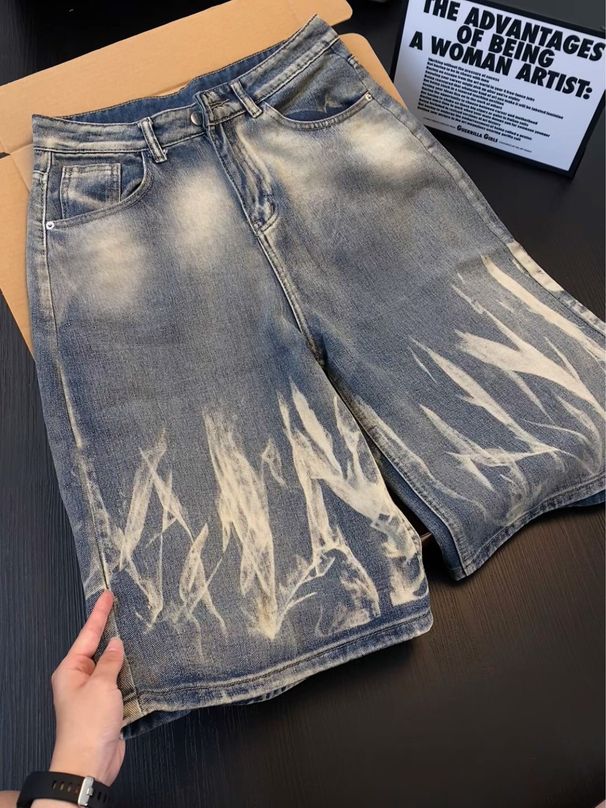 Unisex American Style Hip Hop Lightning Bolt Pattern Denim Capri Shorts Retro Washed Loose Wide Leg Cross Border Men's Clothing_mkmklike.com