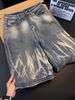 Unisex American Style Hip Hop Lightning Bolt Pattern Denim Capri Shorts Retro Washed Loose Wide Leg Cross Border Men's Clothing_mkmklike.com
