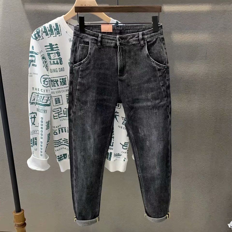 Men's Slim Fit Denim Jeans Black Gray Color Blocking Style Trendy Brand Elastic Long Pants For Autumn Winter Versatile_mkmklike.com