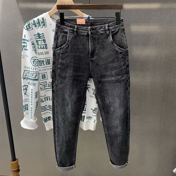Men's Slim Fit Denim Jeans Black Gray Color Blocking Style Trendy Brand Elastic Long Pants For Autumn Winter Versatile_mkmklike.com