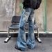 American Retro Lightning Crack Jeans Men's Washed Old Vibe High Street Trendy Brand Casual Wide-leg Straight Pants_mkmklike.com