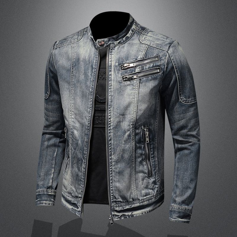 Loom Cross-Border Trendy Brand Men's Denim European And American Casual Retro Plus Size Stand Collar Zipper Jacket Cycling_mkmklike.com