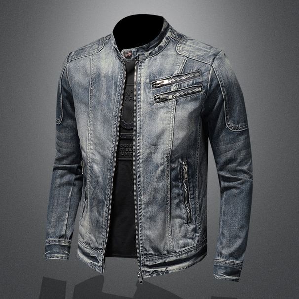 Loom Cross-Border Trendy Brand Men's Denim European And American Casual Retro Plus Size Stand Collar Zipper Jacket Cycling_mkmklike.com
