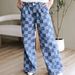 Women's Trendy Plaid Print Jeans, Autumn New Style, High Waist, Loose Fit, Wide Leg Pants_mkmklike.com