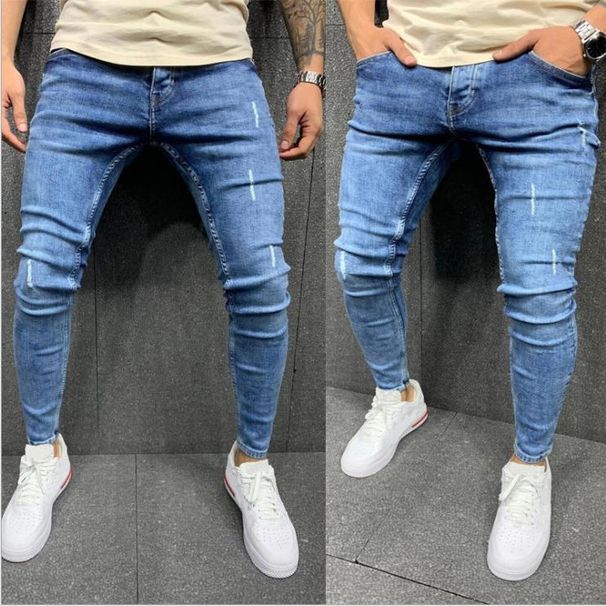 Men's Stretch Skinny Jeans With Distressed Frayed Hem, Comfortable Slim Fit Denim Pants_mkmklike.com